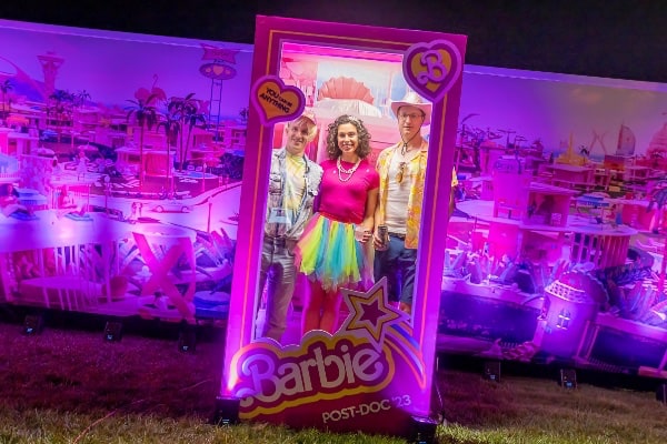 Life size Barbie box with guests who are dressed up inside